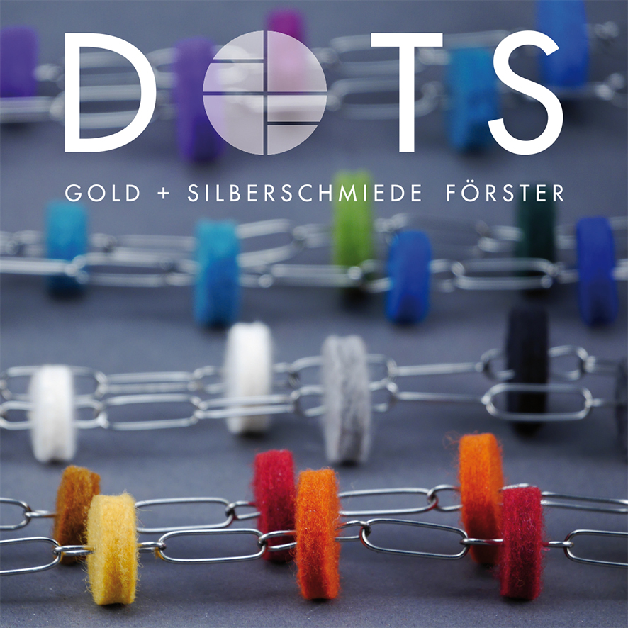 DOTS - Punkte aus farbigem Filz in Verbindung mit kühlem Edelstahl. Weich und hart, stumpf und glänzend - ein Spiel der Gegensätze. <br />Ketten, Armbänder und Ohrschmuck erscheinen in einem außerordentlichen Farbspektrum. Ringe lassen sich individuell gestalten, indem man die Farben einfach wechselt.